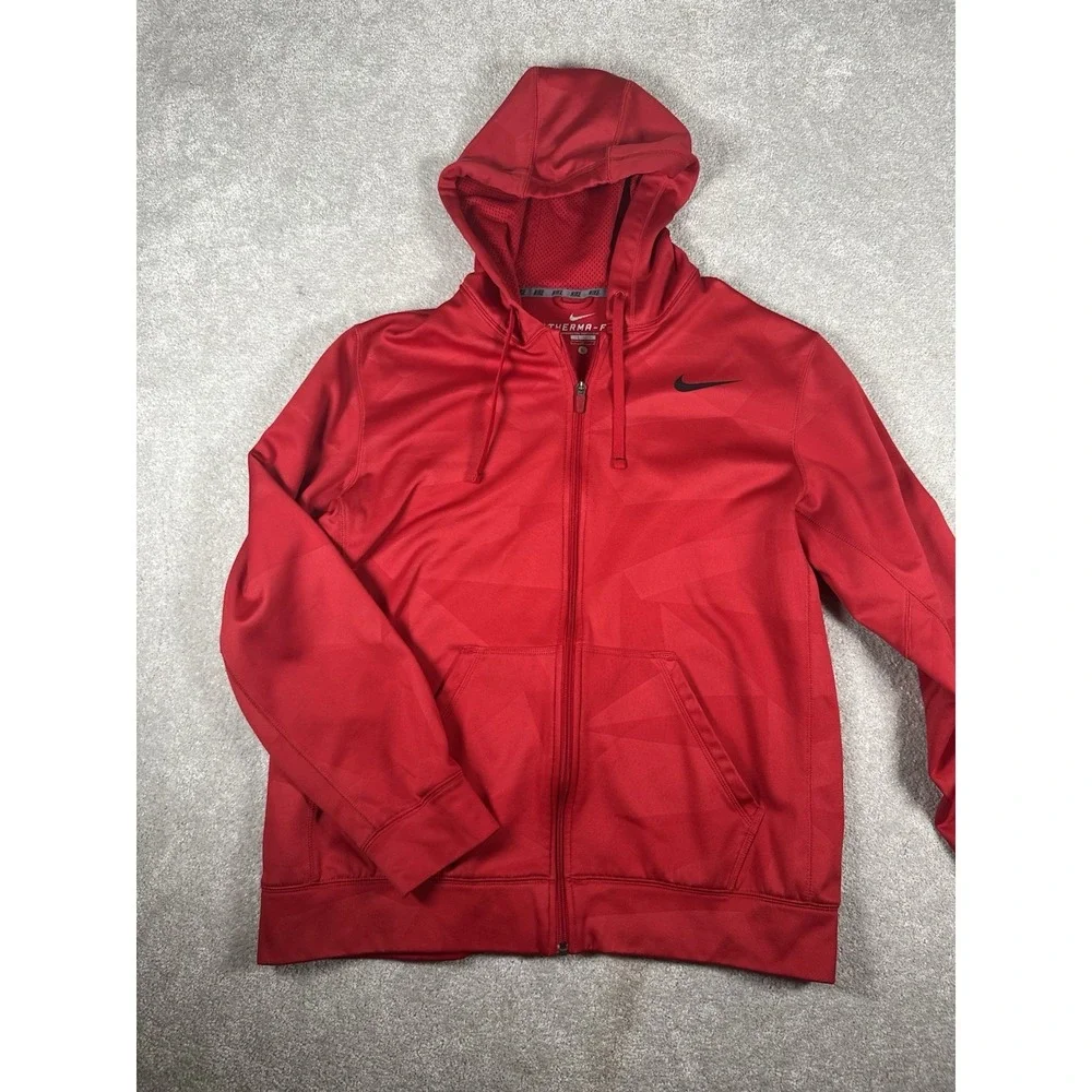 Nike Sweatshirt Men L Therma-Fit Red Full Zip Hooded Jacket Red On Red Geometric